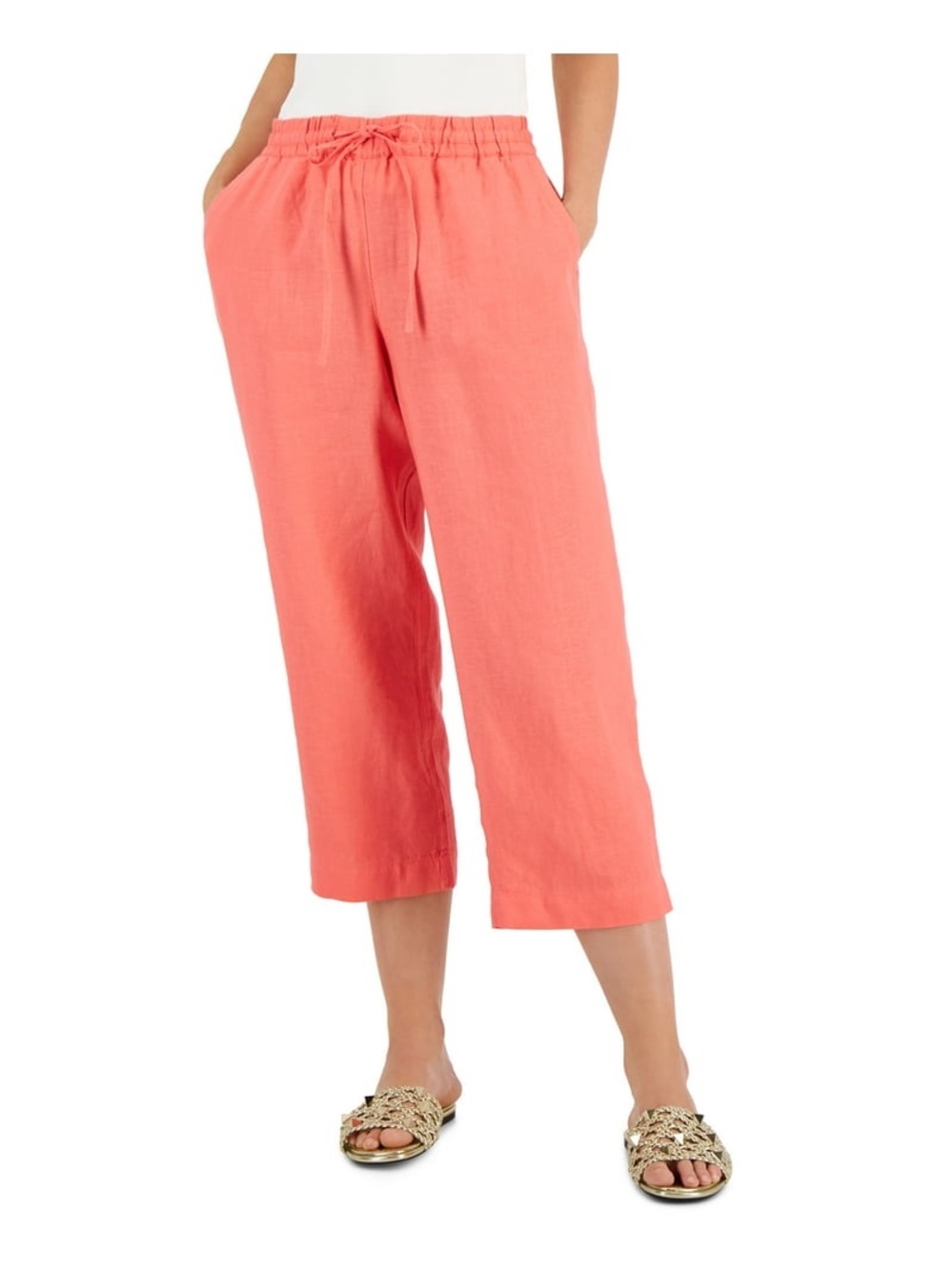 Coral Drawstring Wide-Leg Linen Crop Pants